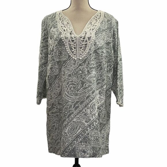 JONES Ny Gray Paisley Floral Lace Blouse 0x - Picture 2 of 12